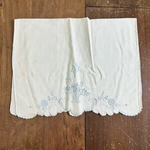 Vintage Blue hand embroidered‎ basket design tea hand towel dainty cottagecore